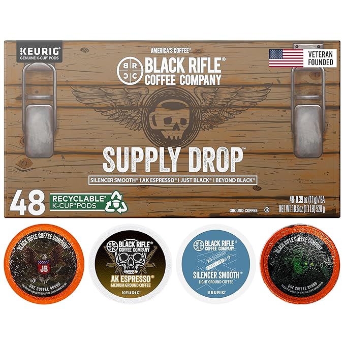 Black Rifle Coffee Company Supply Drop Variety Pack (48 Count of K Cups) - Silencer Smooth AK Espresso Just Black &amp BeyondBlack KCup Pods - K Cups Coffee Variety Pack
