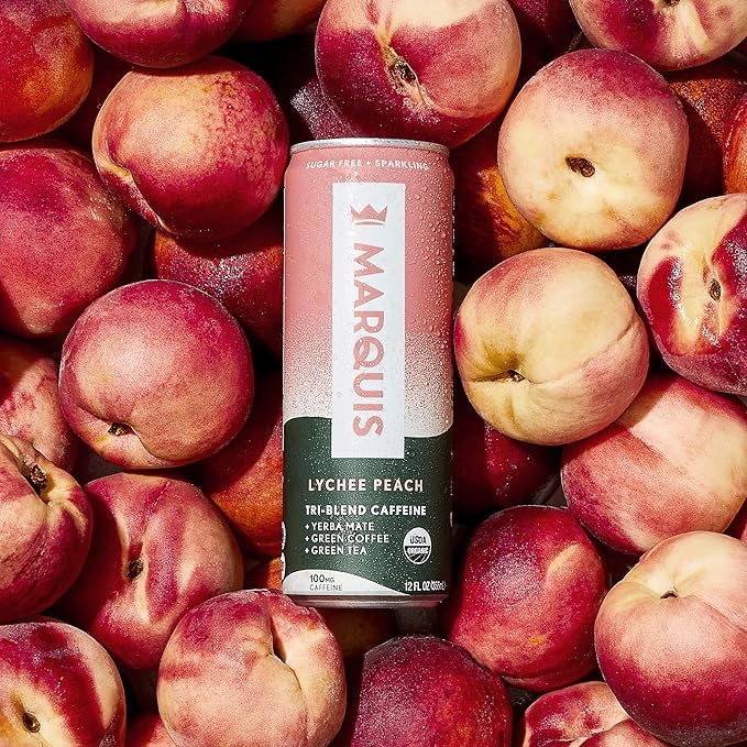 Marquis | Organic Energy Drink Alternative with Organic Plant Based Caffeine | Vegan Zero Calorie Sugar Free Sparkling Yerba Mate | Keto Energy Drinks Alternative | Variety Pack x1+ Lychee Peach x1