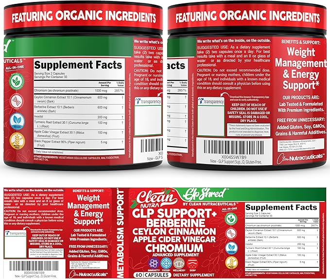 GLP1 Supplement Berberine Ceylon Cinnamon Apple Cider Vinegar Chromium Turmeric PCOS Supplements Immunity &amp Metabolism Support 60 Vegan Capsules by Clean Nutra