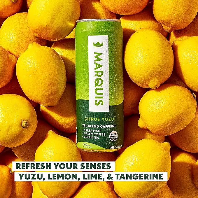 Marquis | Organic Energy Drink Alternative with Organic Plant Based Caffeine | Vegan Zero Calorie Sugar Free Sparkling Yerba Mate | Keto Energy Drinks Alternative | Citrus Yuzu x2+ Super Berry x2