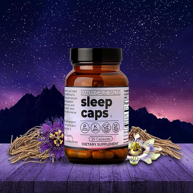 Santa Cruz Paleo Sleep Caps with L-Theanine Lemon Balm Passion Flower &amp Valerian Root Melatonin-Free Nighttime Relaxation Paleo &amp Keto Friendly Sugar &amp Gluten Free 30 Capsules