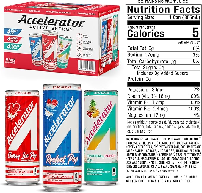 Accelerator Energy Drink Variety Pack 12oz can Zero Sugar Sustained Energy from 100% Natural Caffeine (200mg from Green Coffee Bean &amp Green Tea extract) (Pack of 24)