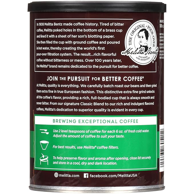 Melitta Classic Decaf Coffee Medium Roast Extra Fine Grind 10.5 Ounce Can (Pack of 6) 63 Ounces Total