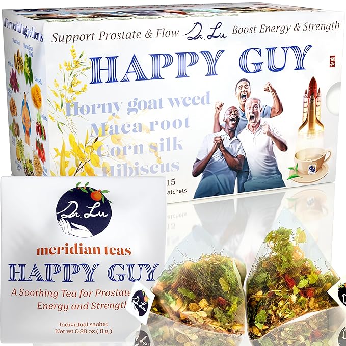Dr. Lu’s Happy Tea for Guy | 100% Natural Energy Tea for Men | Supports Prostate Vitality &amp Fertility | 11-Herb Blend with Maca Corn Silk &amp Hibiscus in Corn Fiber Tea Bags Made in USA