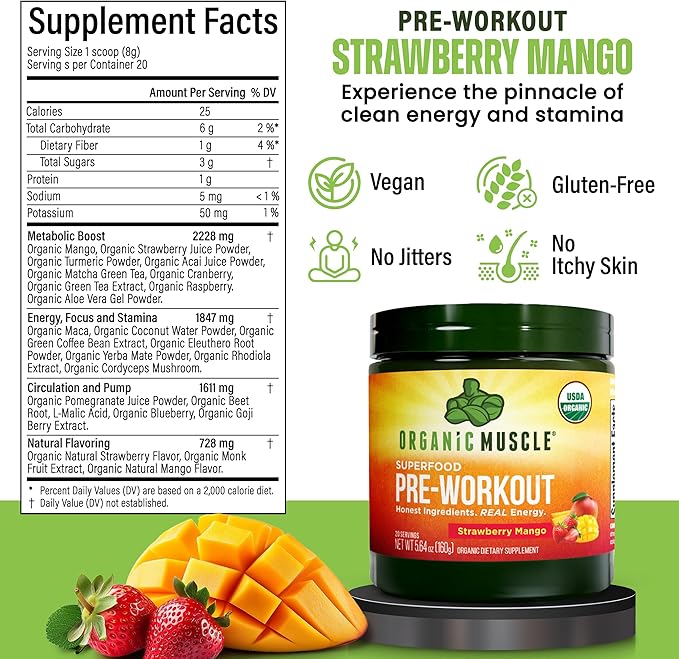 USDA Organic Pre-Workout Powder Strawberry Mango | Clean Energy Without Jitters | Natural Performance Boost | No Artificial Sweeteners | 20 Superfoods | Low Caffeine 20 Servings