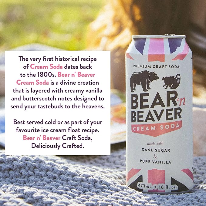 Bear 'n Beaver Premium Craft Cream Soda Soft Drinks Made with 100% Cane Sugar &amp Pure Vanilla - Vegan &amp Gluten-Free - Bold Caffeine Free Flavor for Mocktails Floats &amp Mixing - 12 Pack of 1