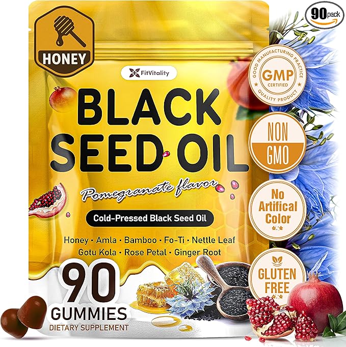 90 Black Seed Oil Gummies | 500mg Cold-Pressed Black Seed Oil Amla Bamboo Fo-Ti Nettle Leaf Gotu Kola Extract | Vegan Non-GMO Gummies | Hair Skin &amp Nail Nourishment | Pomegranate Flavor