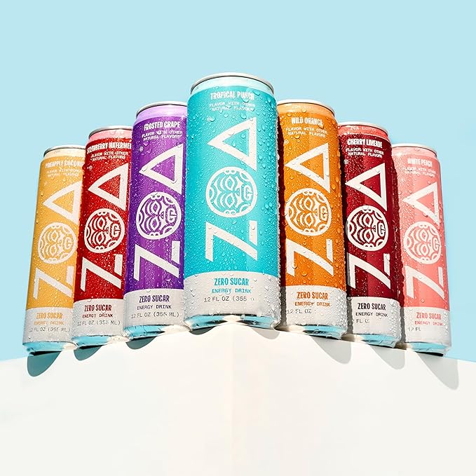 ZOA Zero Sugar Energy Drinks - White Peach | Healthy Energy Formula with Natural Caffeine Daily Vitamin C Essential B-Vitamins | Gluten-Free Keto Friendly | 16 Ounce Cans (Pack Of 12)