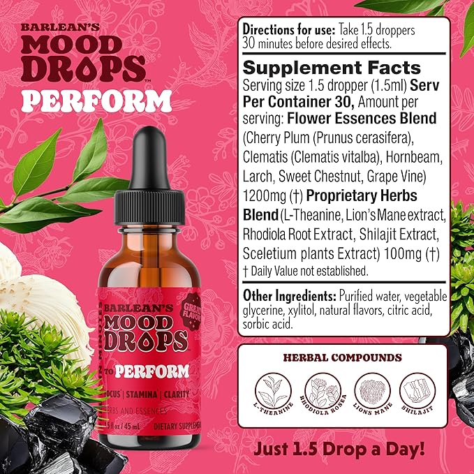 Barlean's Mood Booster Supplement Perform L Theanine and Shilajit Liquid Drop Supplements for Men and Women Adaptogen Herbs Drops 1.5 oz