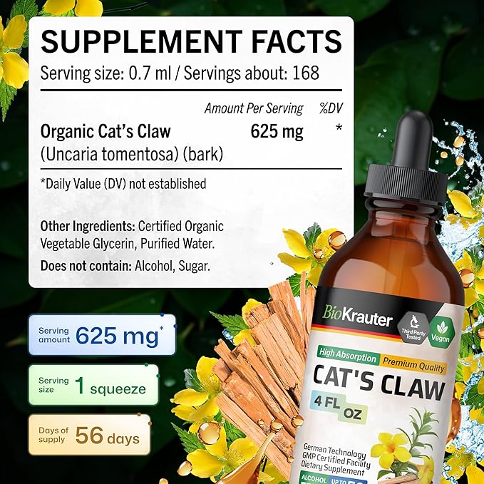 BIO KRAUTER® Сats Сlaw - Liquid Drops Pure Vegan Cats Claw Herb Supplement 625 mg per Serving 4 Fl.Oz 56-Day Supply - Used for Digestive &amp Immune Support Natural Antioxidant - Alcohol &amp Sugar