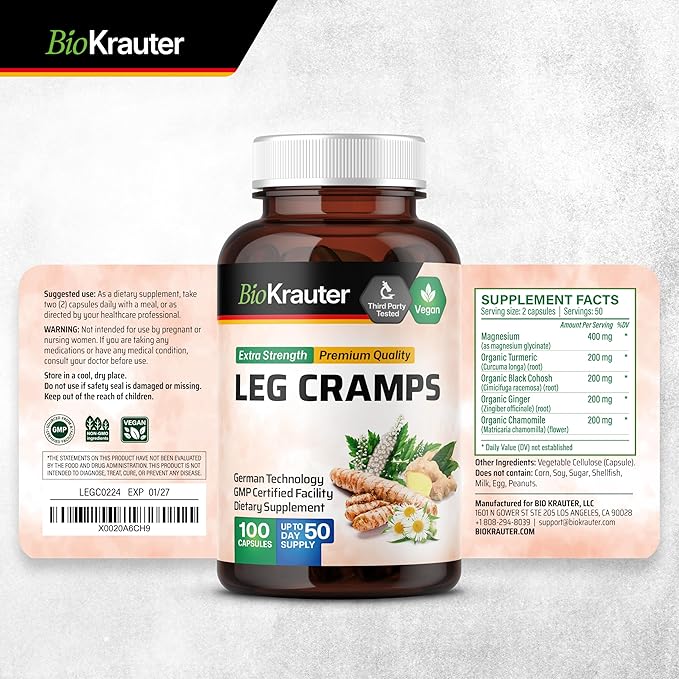 BIO KRAUTER® Magnesium Glycinate for Leg Сramps &amp Relax - 5-in-1 Formula Magnesium Glycinate 400mg with Turmeric Black Cohosh Ginger Chamomile 1200 mg 100 Caps - No Fillers Non-GMO 50-Day Sup