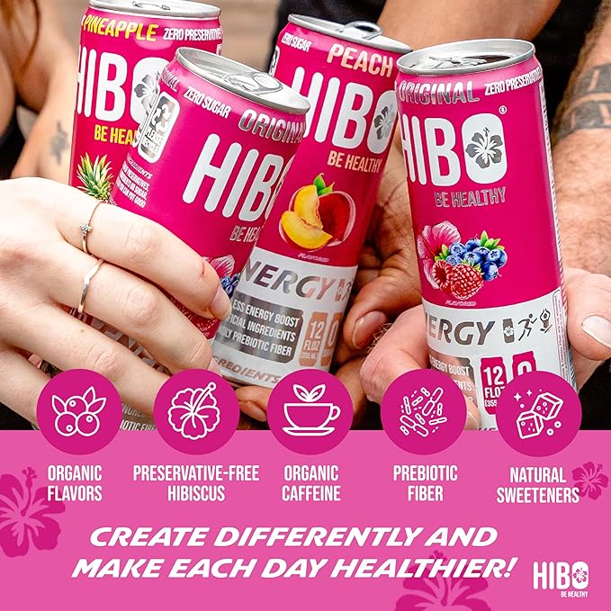 HIBO Healthy Energy Drinks Sugar Free – Gluten-Free &amp Gut-Friendly Prebiotic Fiber w/140mg Caffeine &amp 60mg Green Coffee Extract Electrolytes – For Immunity &amp Focus - Pack of 12 Black Che