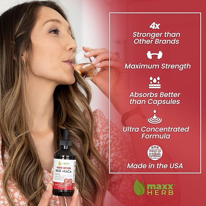 Maxx Herb Red Maca Root Extract - Max Strength Liquid Drops Absorb Better Than Powder or Capsules for Stamina Memory and Focus - Alcohol Free - 4 Bottles 4 Oz Each (240 Servings)