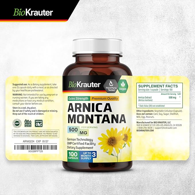 BIO KRAUTER® Arnica Montana for Bruising and Swelling - Vegan &amp Pure Arnica Supplement in Capsules 500 mg per Serving 100 Caps - Used for Daily Wellness - No Fillers Non-GMO - 100 Days of Supply