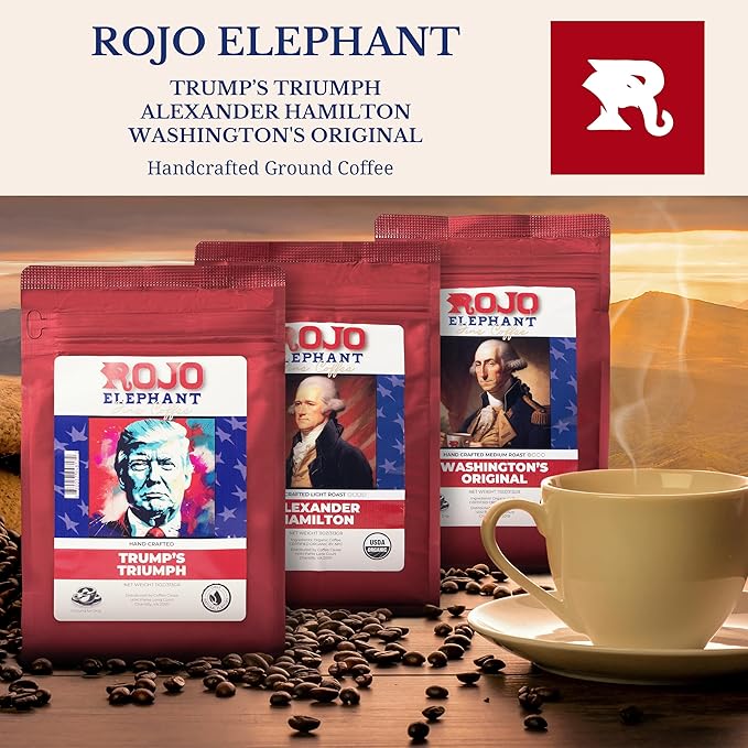 Rojo Elephant Handcrafted Ground Coffee 11 0z Bags 3 Pack Trump's Triumph Alexander Hamilton Washington Original Prestige Pack