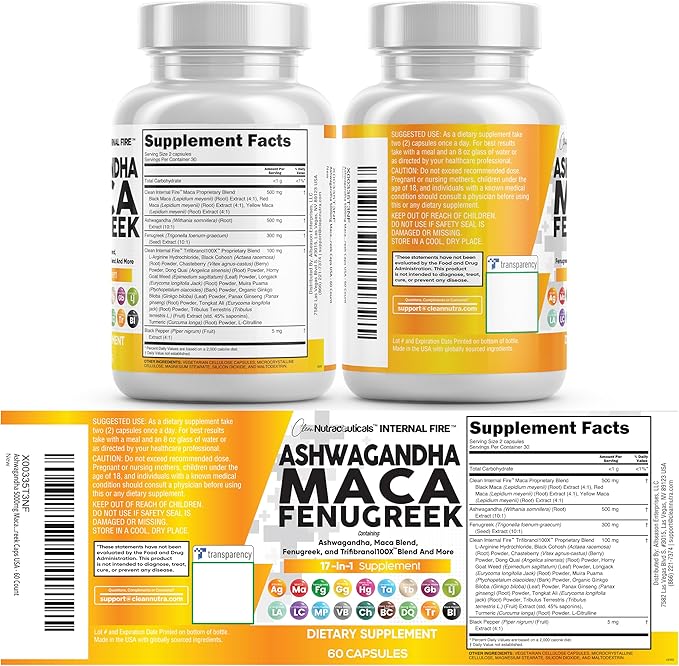 Clean Nutraceuticals Ashwagandha Maca Root Fenugreek Supplement with Tongkat Ali Ginseng - Assists with Stress Mood &amp Thyroid - Ashwagandha Capsules Fenugreek Caps - 1 Pack