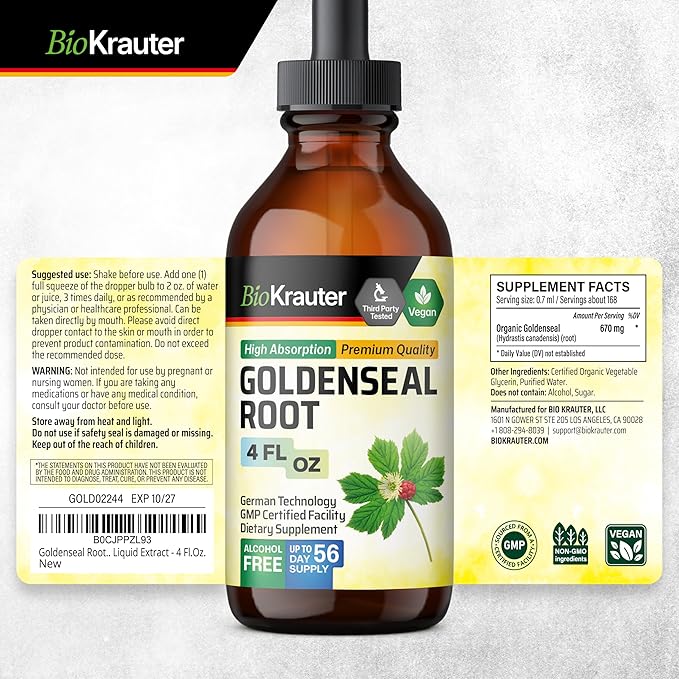 BIO KRAUTER® Goldenseal Root - Pure Vegan Goldenseal Tincture 670mg per Serving 4 Fl.Oz 56-Day Supply - Immune &amp Respiratory Support - Liquid Golden Seal for Digestive Support - Alcohol &amp Suga
