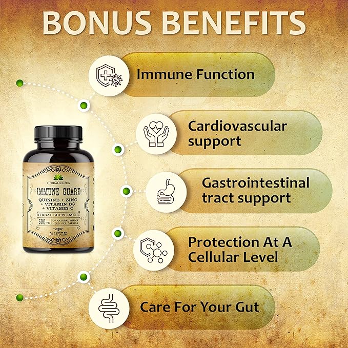 HERBALICIOUS Quinine Immune Guard - Quinine Capsules Supplement with Vitamin C D3 Zinc - for Muscle Cramps Relief &amp Stomach Wellness - Non-GMO Cinchona Bark Herbal Supplements - 500mg 60 Capsul