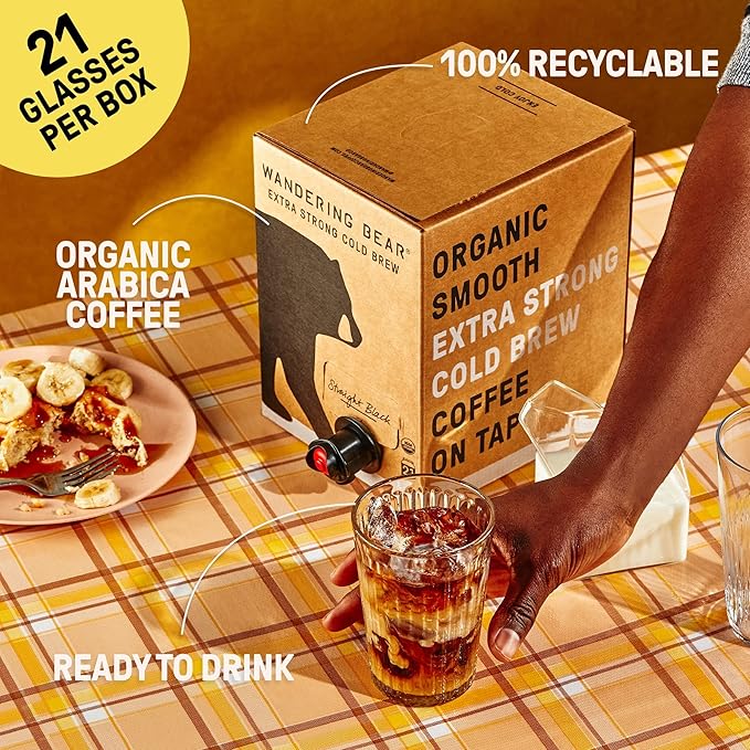 Wandering Bear Straight Black Organic Cold Brew Coffee On Tap Iced Coffee Drink - Extra Strong Bold Smooth No Sugar Added Shelf-Stable Ready to Drink &amp Vegan 100% Organic - 128 fl oz (1 gal