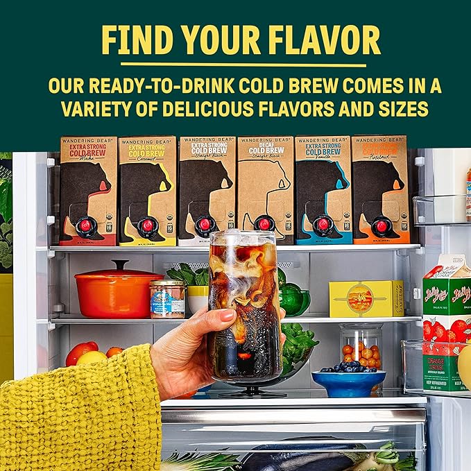 Wandering Bear Straight Black Organic Cold Brew Coffee On-the-Go - Extra Strong Bold Smooth Unsweetened Shelf-Stable Ready to Drink &amp Vegan 100% Organic Iced Cold Brewed Coffee Drink -11 fl