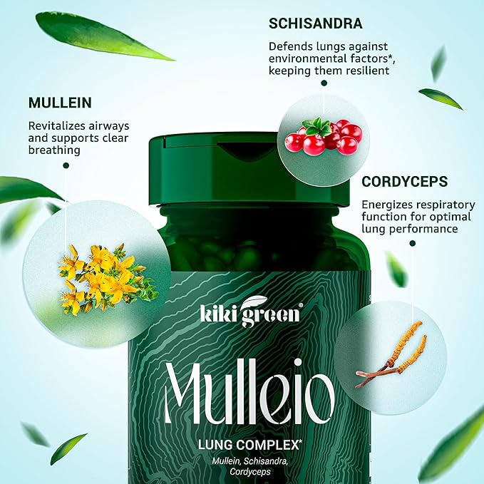 KIKI Green Mulleio Lung Health Capsules: Vegan Herbal Supplement for Cleanse Better Function Respiratory Support - Mullein Cordyceps Schisandra - 90 Count for Daily Use