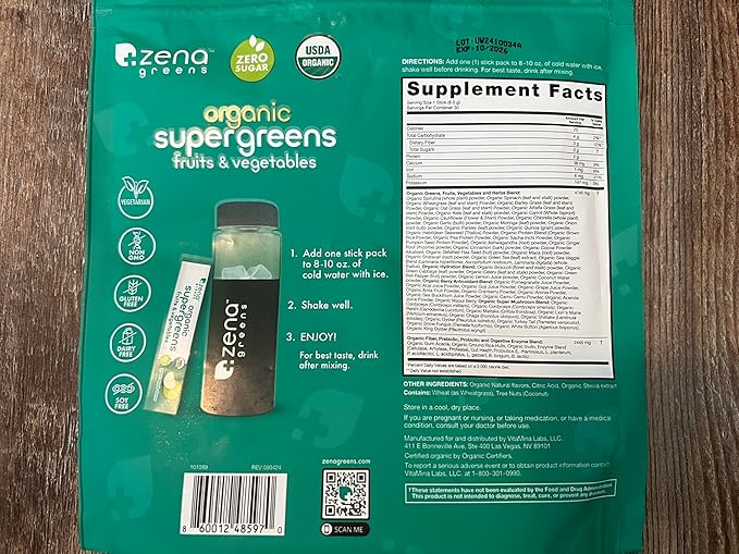 Zena Nutrition Organic Super Greens Powder 70+ Superfoods 0 Sugar 3g Fiber Spirulina Chlorella Mushrooms Prebiotics/Probiotics Digestive Enzymes Gut Health Green Apple 30 Drink Mix Packets