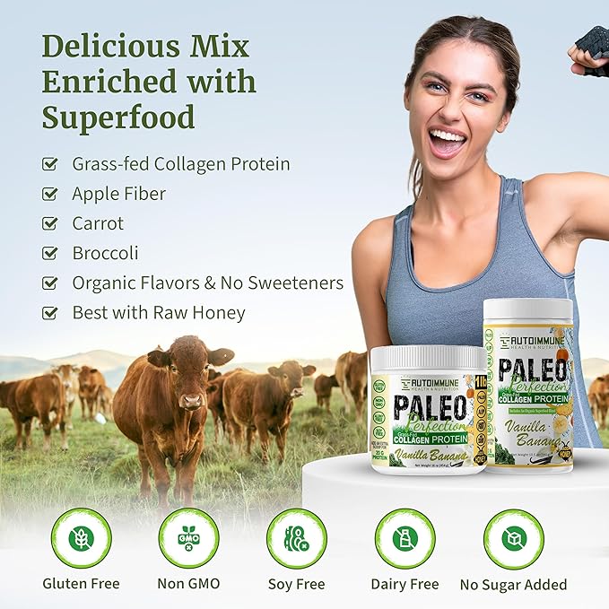 Paleo Perfection Double Chocolate Grass Fed Beef Collagen Protein Powder without Stevia - Paleo Keto SCD AIP Protein Powder w/ Apple Fiber Carrot Broccoli - 1lb Protein Powder &amp Superfood Ble