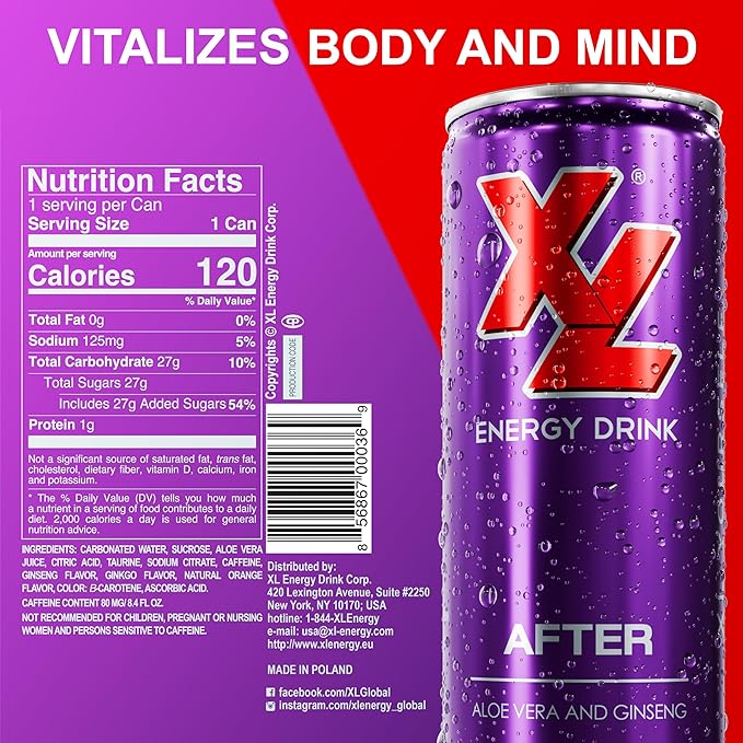 XL Energy Drinks 24 Pack - Aloe Vera Juice with 80mg Caffeine plus Taurine &amp B Vitamins After Flavor Hydrating Energy Drinks with Aloe Vera and Ginseng - 8.4 Oz 24 Pack Energy Drinks