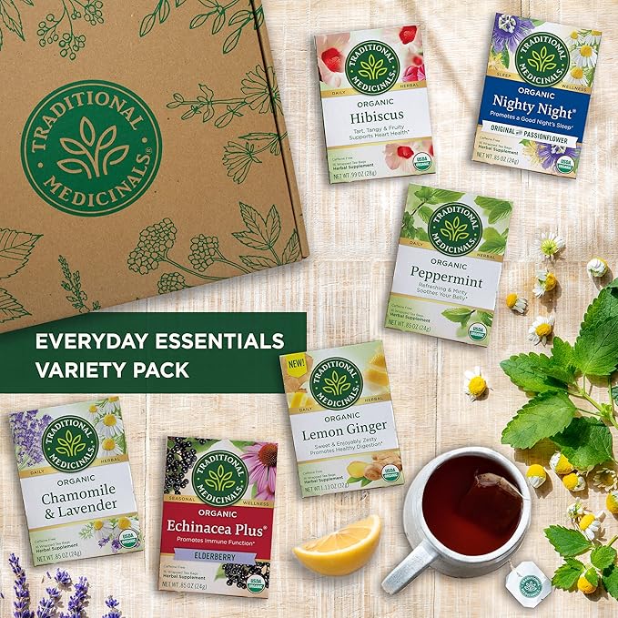 Traditional Medicinals Organic Herbal Tea - Six Calming Flavors Chamomile Hibiscus Peppermint Lemon Balm Lemon Ginger &amp Passionflower 96 Tea Bags (6 Pack)