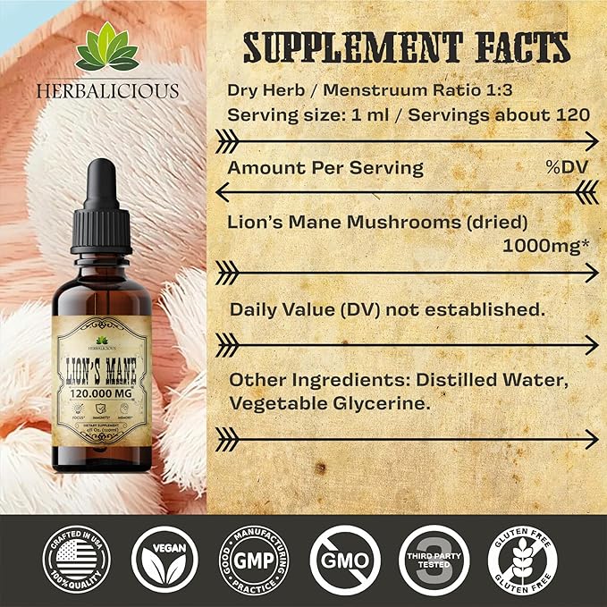 Lion's Mane Extract 4 fl oz Liquid – Natural Mushroom Supplement Tincture for Brain Memory Mental Clarity &amp Focus – Immune Support – High Potency Formula – 90-Day Supply