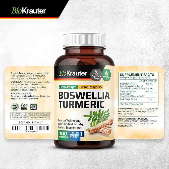 BIO KRAUTER® Turmeric Curcumin Supplement with Boswellia for Joint Support - Vegan Turmeric with Black Pepper &amp Boswellia Extract 100 Capsules 33 Days of Supply Non-GMO - Natural Digestive Suppo
