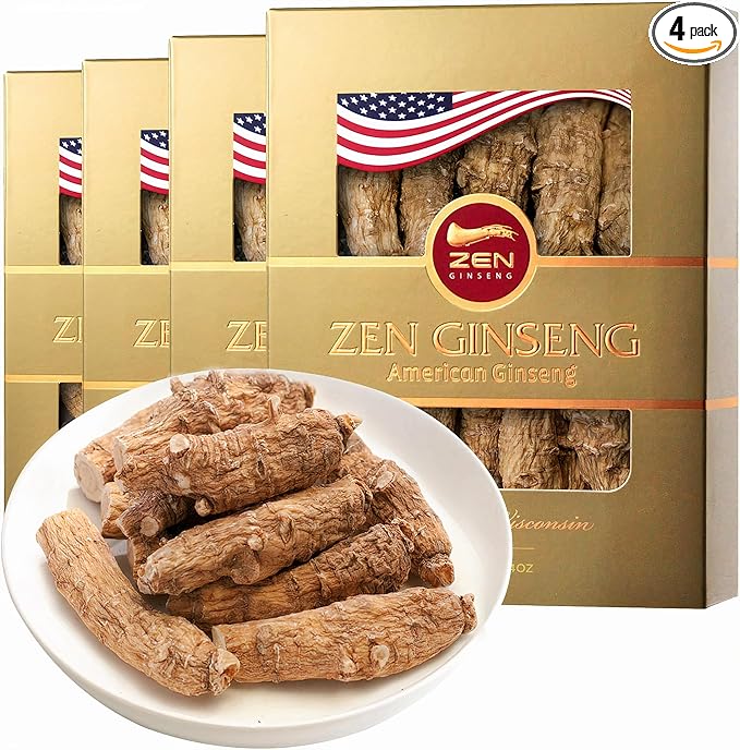 4 Boxes of Premium Large American Ginseng Root (4oz per Box) - Non-GMO Gluten Free Wisconsin Ginseng. Boosts Immunity Energy &amp Stamina for Man &amp Women