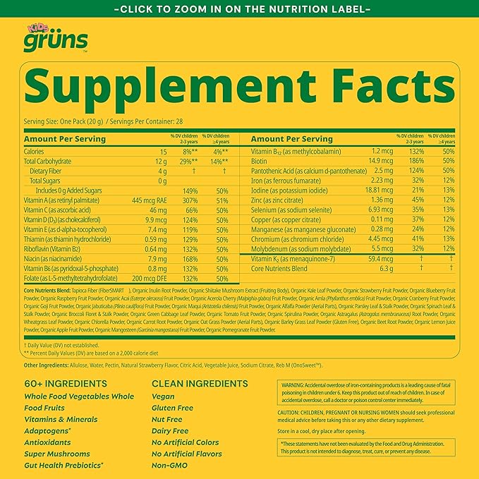 Gruns Multivitamin for Kids Super Greens Gummies Superfood Gummy Bears with 20+ Vitamins &amp Minerals Spirulina Chlorella Alfalfa Prebiotics Fiber for Digestive Health Adaptogens Supplement