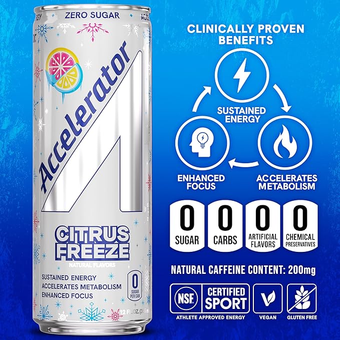 Accelerator Energy Drink Citrus Freeze 12oz can (12 pack) Zero Sugar Sustained Energy from 100% Natural Caffeine (200mg from Green Coffee Bean &amp Green Tea extract)