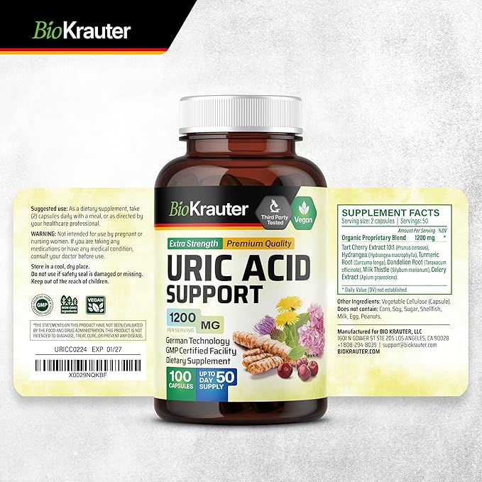 BIO KRAUTER® 7-in-1 Uric Acid Support Supplement with Tart Cherry Dandelion Root Cranberry &amp Celery Seed – Herbal Kidney Support with Milk Thistle &amp Turmeric 1200 mg 100 Capsules 50-Day Su