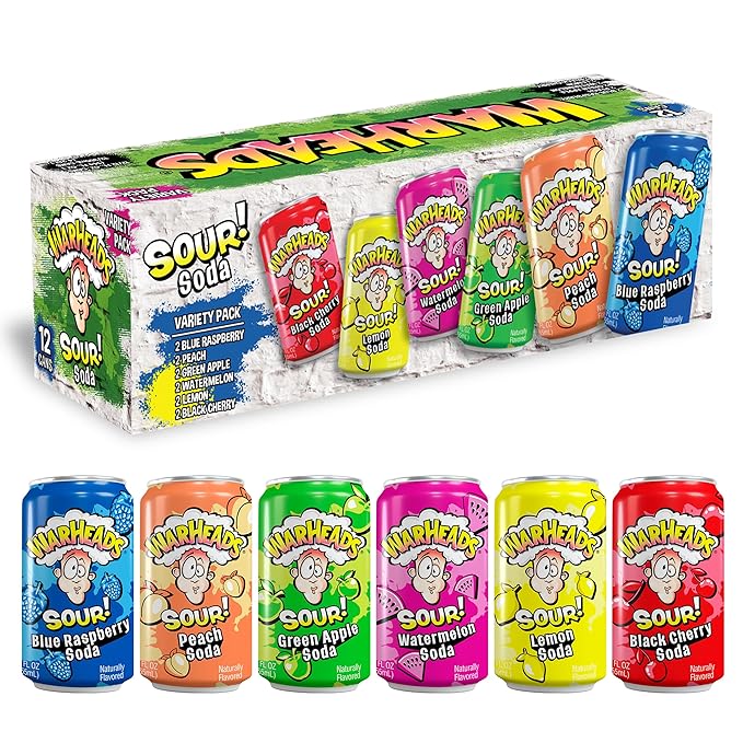 Sour Fruity Soda with Classic Warheads Flavors – Perfectly Balanced Sweet and Sour Soda - Warheads Candy Throwback Treat Soda Cocktail Mixer Pack of 12 12oz Cans (Variety Pack)