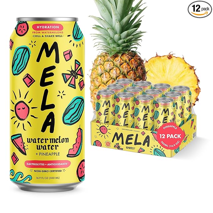 Mela Water Natural Watermelon Juice Drink Electrolytes &amp Antioxidants Natural Hydration Coconut Water Alternative Vitamin C No Added Sugar Pineapple (16.9 floz (Pack of 12))