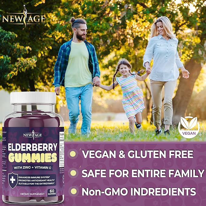 NEW AGE (2-Pack) Premium Elderberry Gummies for Adults Kids with Vitamin C Zinc Propolis - Sambucus Black Elderberry Gummy Extract - Gluten Free &amp Vegetarian - 120 Gummies