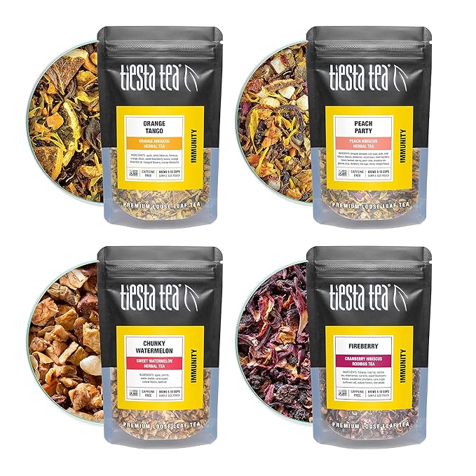 Tiesta Tea - Fruity Tea Sampler Dry Flight Set Loose Leaf No Caffeine Makes Hot and Iced Assorted Fruit Brews with Mango Peach Orange Drinks &amp More 8 Resealable Sample Pouches