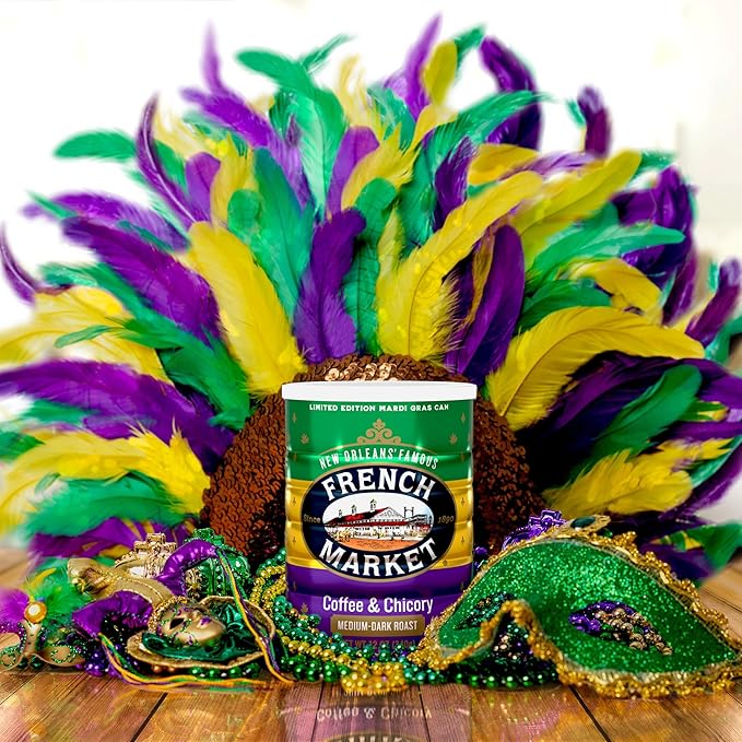 French Market Coffee &amp Chicory Medium-Dark Roast Ground Coffee 12oz Limited Edition Mardi Gras Can (Pack of 3)