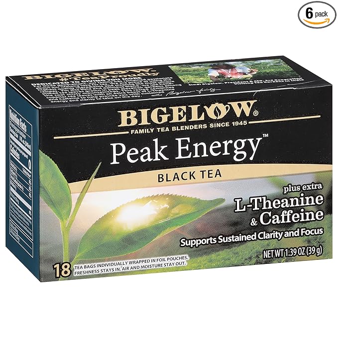 Bigelow Tea Peak Energy plus extra L-Theanine &amp Caffeine 18 Count (Pack of 6) 108 Total Tea Bags
