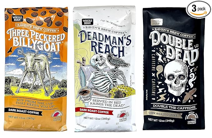 Raven's Brew Whole Bean Variety Pack - 3 Delicious Flavors - Three Peckered Billy Goat Deadman's Reach and Double Dead - 12oz each