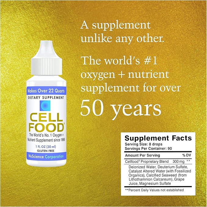 Cellfood Oxygen Boost 1 fl oz - Liquid Oxygen Supplement for Lymphatic Drainage Altitude Sickness Jet Lag Fatigue Headaches Hangovers &amp Energy - Gluten Free Cert. Kosher - Makes Over 22 Qua