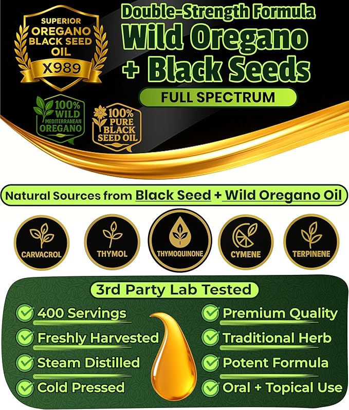 Oil Of Oregano With Black Seed Oil - 400 Servings 2 in 1 Wild Oregano Oil with Black Seed Oil Drops Organic Supplement Alternative to Oregano and Black Seed oil Gel Capsules Non-GMO Vegan