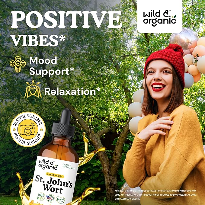 Wild &amp Organic St Johns Wort Tincture - Mood Support - Calming St John's Wort Supplement - Hypericum Perforatum Herbal Liquid Drops - Vegan Sugar &amp Alcohol Free - 4 fl oz