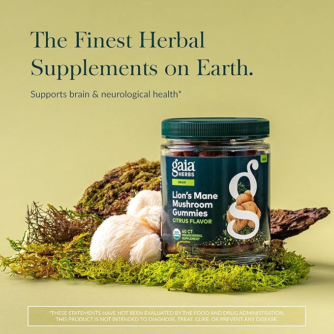 Gaia Herbs Lion's Mane Mushroom Gummies - Brain Support Supplement* - Made with Organic Lion's Mane Mushrooms - Free from Gluten Soy &amp Dairy - 60 Vegan Gummies (30 Servings)