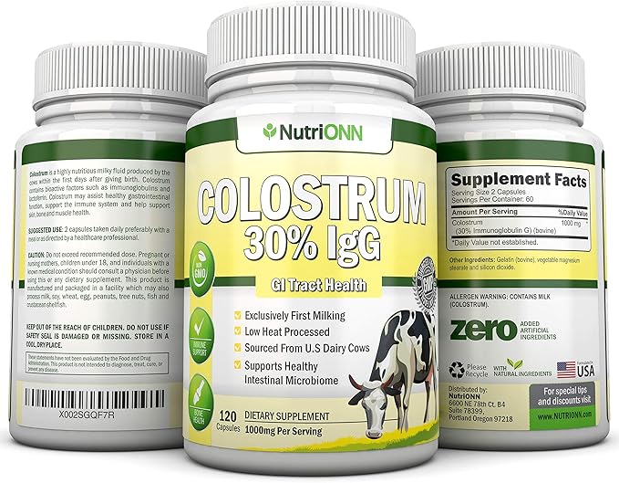 Colostrum - 1000mg - 120 Capsules - 30% IgG - Non-GMO US Dairy - First Milking Bovine Colostrum - Low Heat Processed - Great for GI Tract Health - Immune Support - Bone and Muscle Health