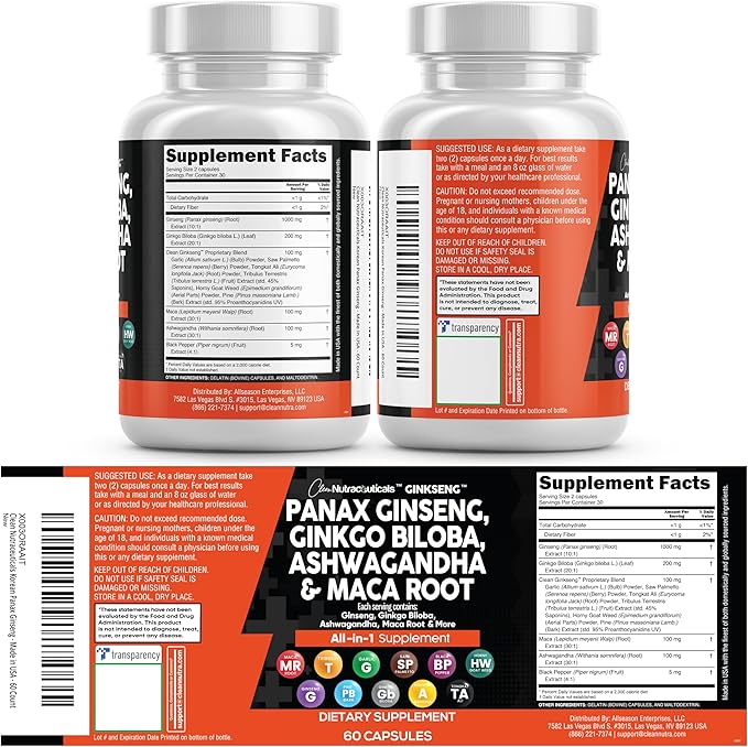 Clean Nutraceuticals Panax Ginseng Ginkgo Biloba Ashwagandha Maca Root - Focus Supplement Pills for Women and Men with Pine Bark Extract Garlic and Saw Palmetto - 60 Caps