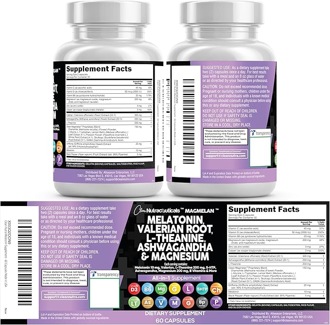 Clean Nutraceuticals Melatonin 10mg Valerian Root L Theanine 200mg Ashwagandha - Sleep Support for Women &amp Men with Magnesium Complex Lemon Balm Chamomile &amp Passion Flower - 60 Caps