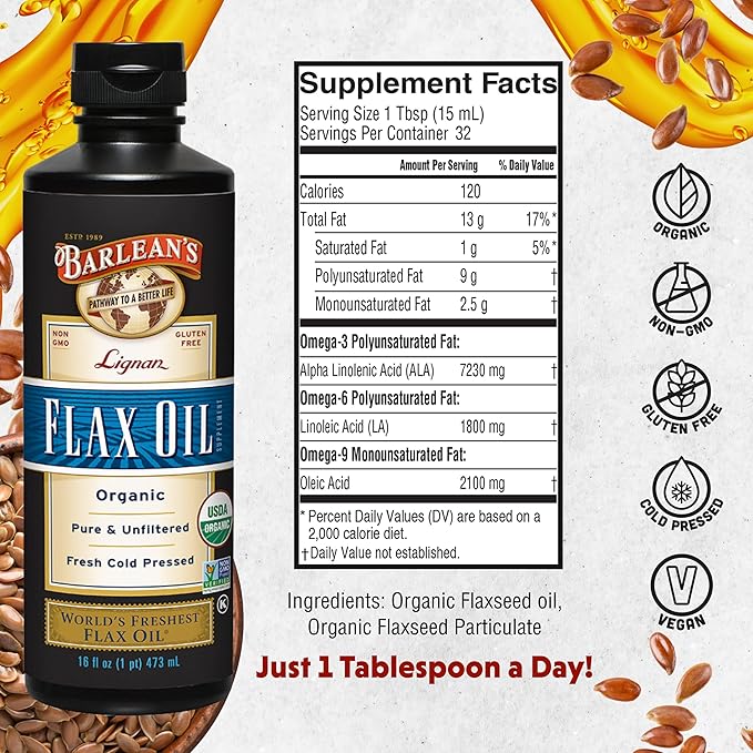 Barlean's Organic Lignan Omega 3 Flaxseed Oil Liquid Supplement for Men and Women Cold Press Flax Seeds 7230mg ALA Fatty Acid Vegan and Gluten Free 16 oz